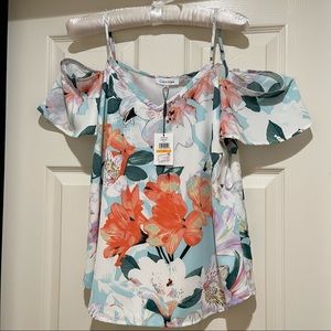 NWT Calvin Klein Silky Floral Cold Shoulder Blouse